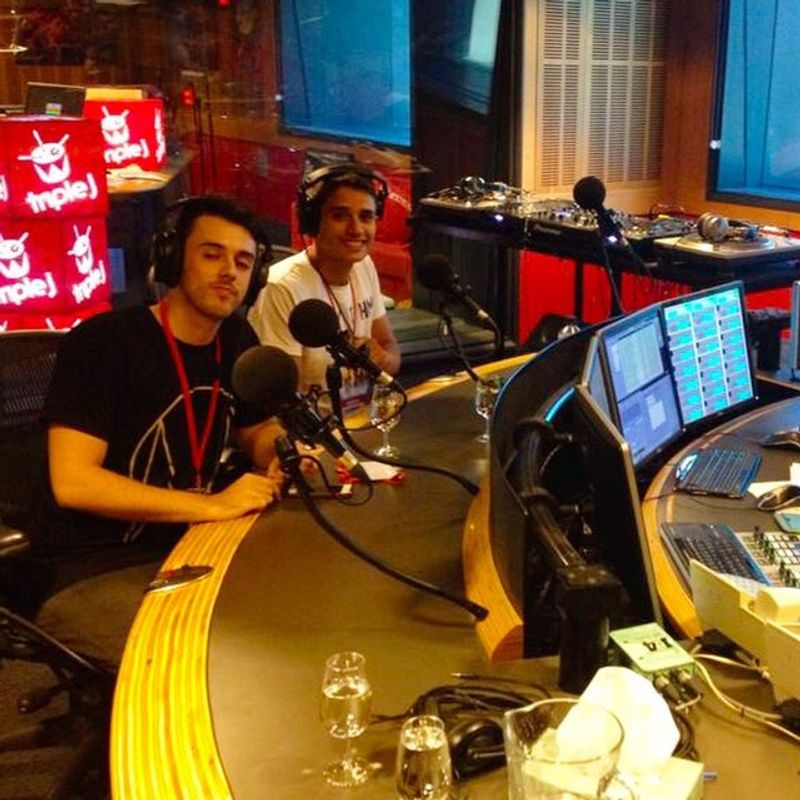 The Odd Mob duo in the triple j studio wearing headphones